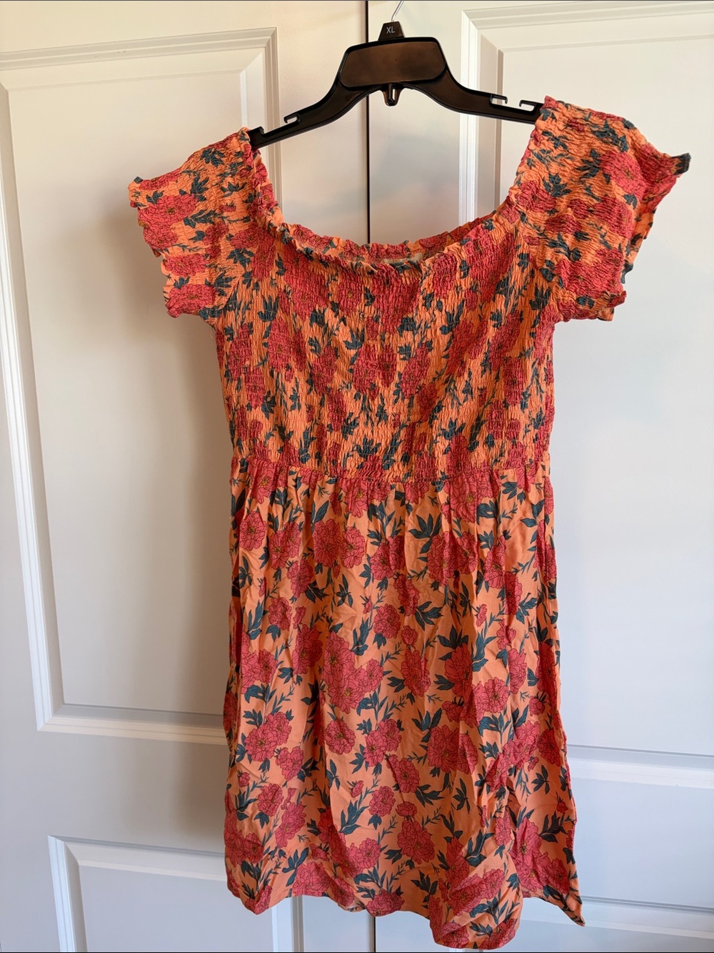 Rewind Peach Floral Smocked Off-Shoulder Mini Dress